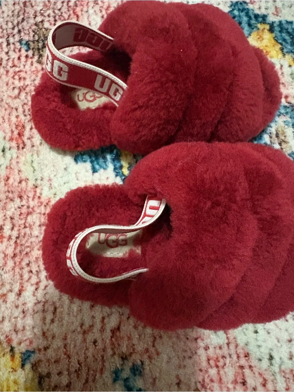 UGG Red Plush Fur Slide Sandals with Branded Strap